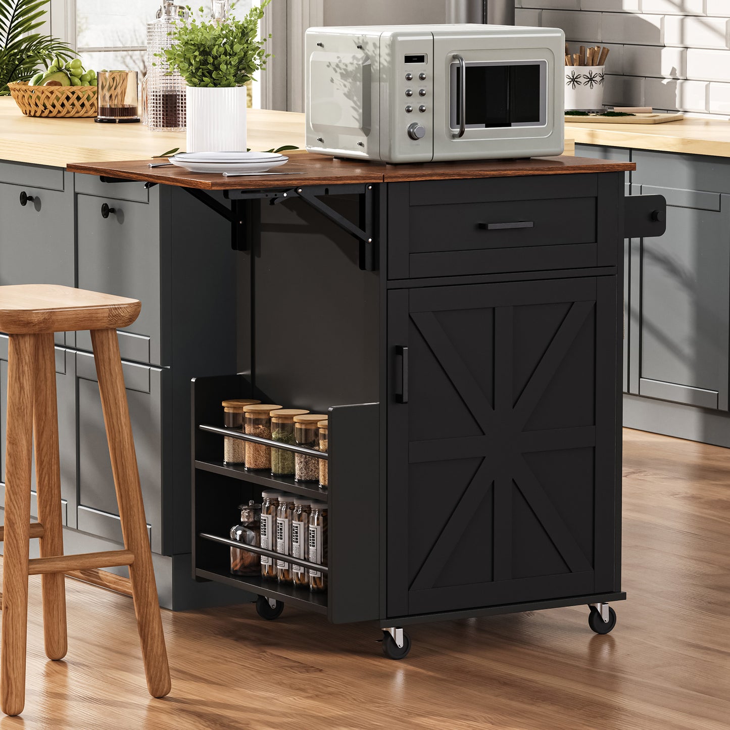 K&K 39.3  Farmhouse Kitchen Island With Drop Leaf, Kitchen Storage Island With Open Side Rack, One Drawer, Towel Rack, Rolling Kitchen Cart With Lockable Wheels For Lawn Garden, Black