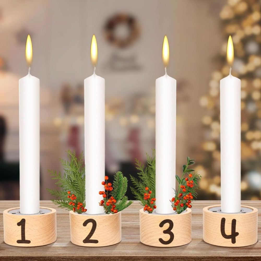 Set Of 4 Advent And Christmas Wooden Candle Holders, Tealight Holders With Advent Numbers & Flower Inserts For Christmas, Advent, Wedding Celebrations, And Home Decor