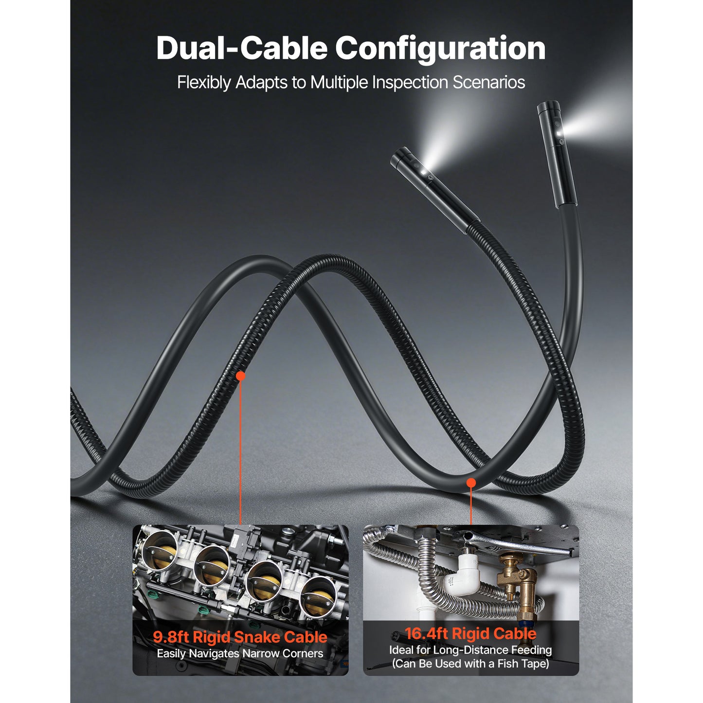 Triple Lens Endoscope With Dual-Cable Setup, Industrial Borescope With Light, 7 HD IPS Spilt-Screen, 8  2 LEDs, 8X Zoom, IP67 Waterproof Snake Camera For Auto, Plumbing 16.4FT  9.8FT Cables