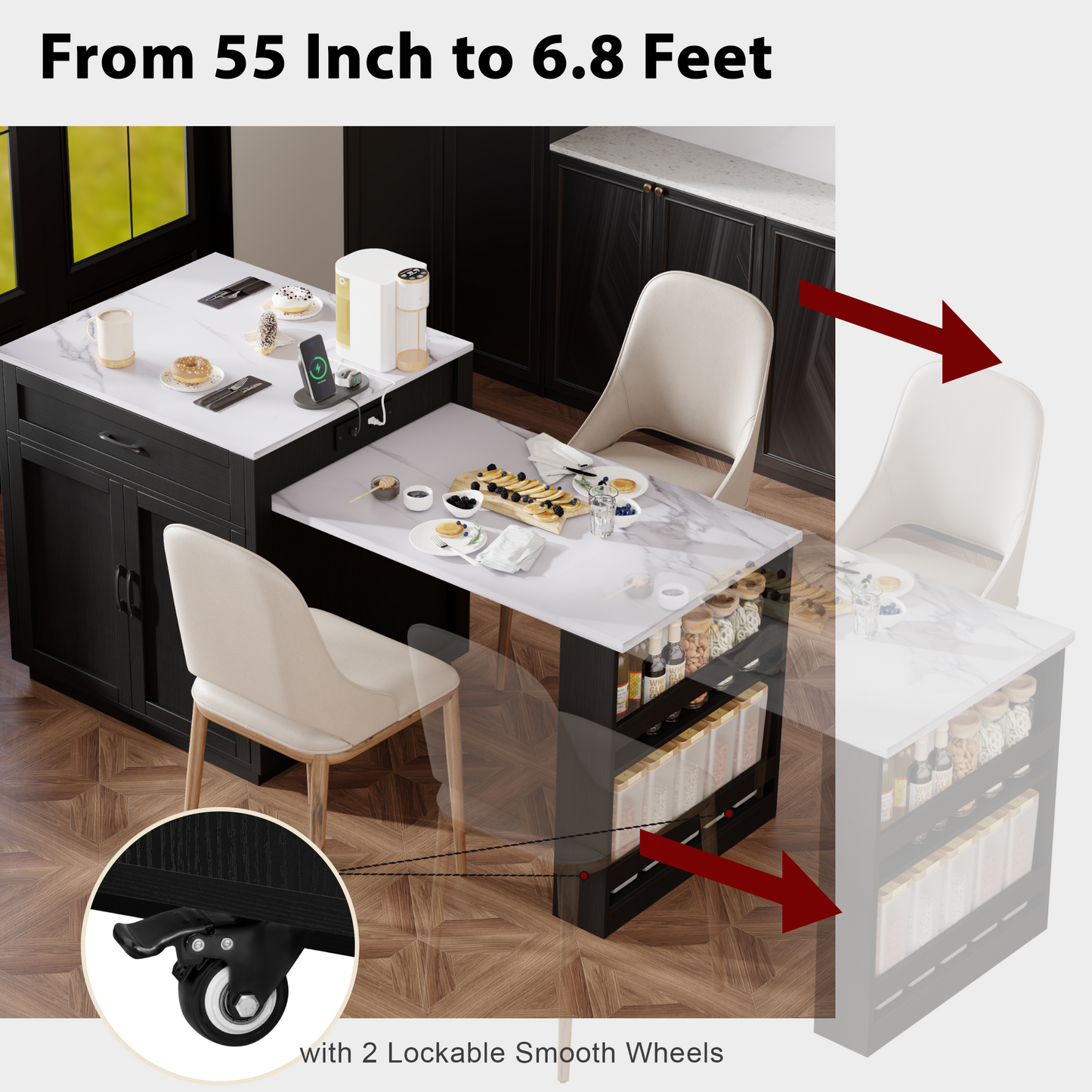 K&K 82.7 Inch Kitchen Island With Extendable Dining Table For 4 6 Person,Faux Mable Kitchen Table With Double Sized Storage,Power Outlet,Kitchen Island With Storage 2 Drawers 2 Side Open Shelves,Black