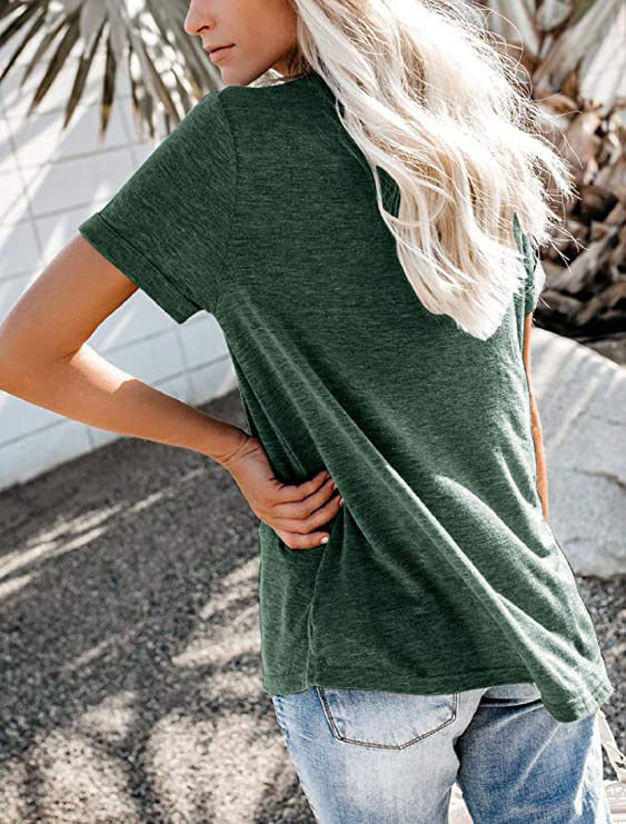 Women's Henley Neck Button Detail Curved Hem Pocket Decor Casual Short Sleeve T-Shirt