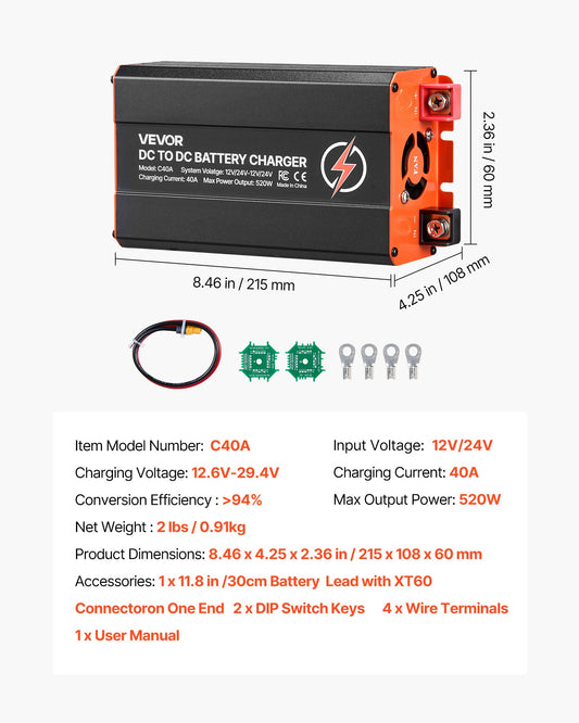 DC To DC Battery Charger, 520W, 40A Alternator Charger, Fast DC-DC Charging For Portable Power Stations, Compatible With LiFePO4 Lead-Acid AGM GEL Batteries, 12V/24V-12V/24V, For RV Home Backup