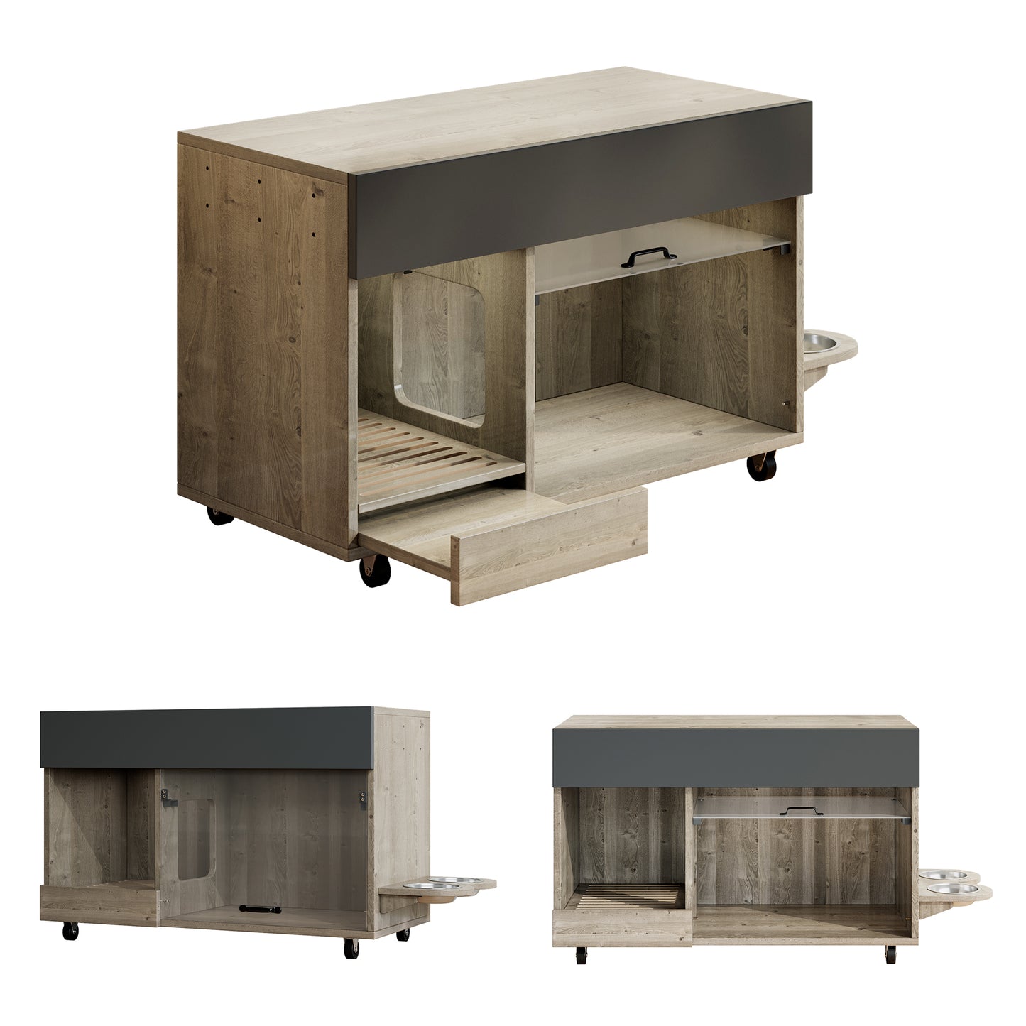 Movable Litter Box Cabinet  Litter Box Cabinet  With Cat Food Plates, Sand Drip Tray, Perforated Plate With Hook Holes, Without Litter Box, 1 0 0x45.5x67 Cm  Antique Grey-brown Colour, Oak Wood Colour