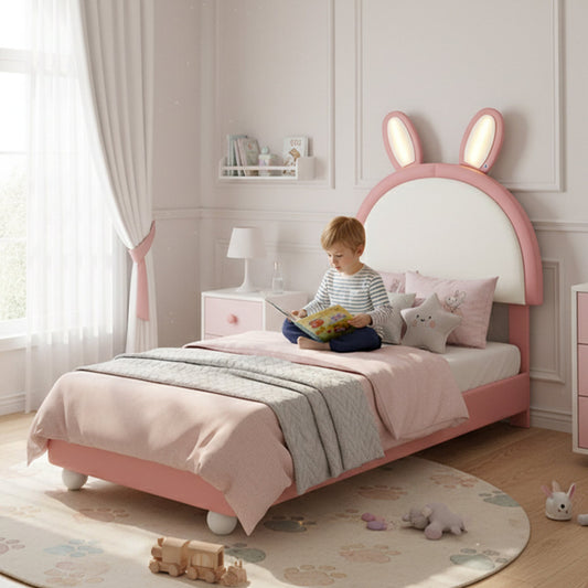 Upholstered Bed, Single Bed, Bunny-Shaped Headboard, With LED Light Strip, Soft Anti-Collision Sponge Edge, Sturdy Bed Frame, PU  Plywood, Pin K White, 90x200cm
