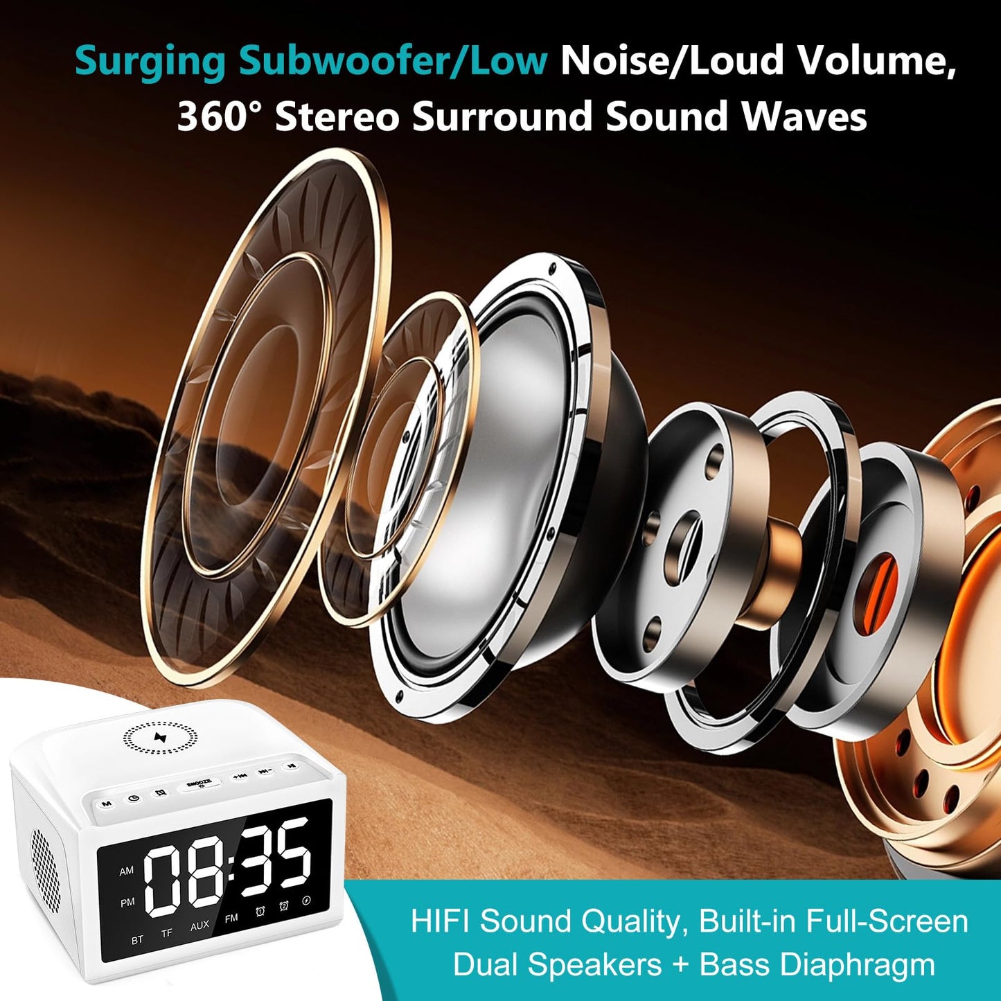 Alarm Clocks Bedside, Digital Alarm Clock Radio With Bluetooth Speaker, USB Charging Port, FM Radio, Universal Wireless Qi Charging, Dimmable LED Display, Dual Wireless Speaker For Home, Work