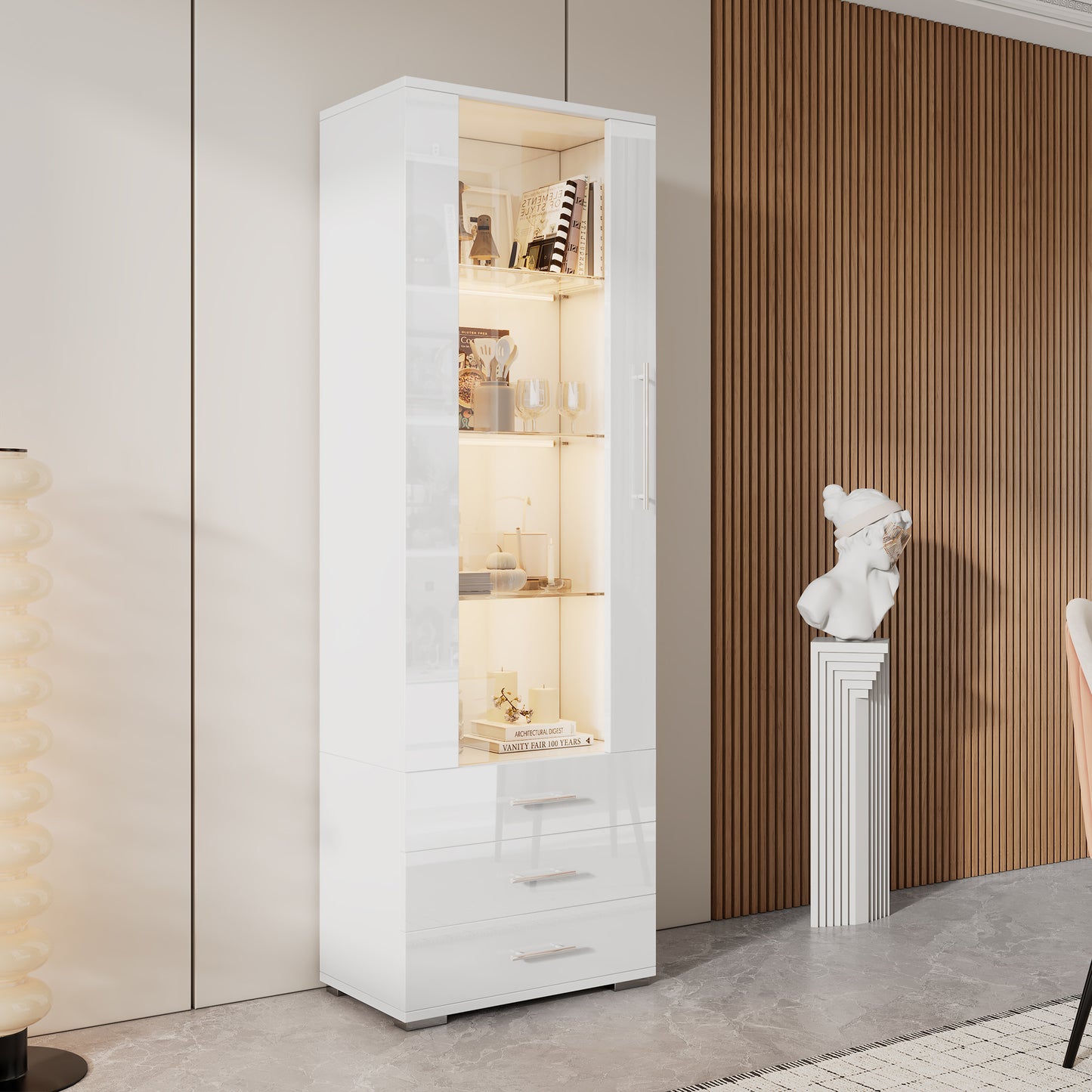 White High Gloss Display Case, Glass Display Case, Floor Standing Display Case With LED Lighting, Vertical Display Case With 3 Drawers, 60x35x180cm