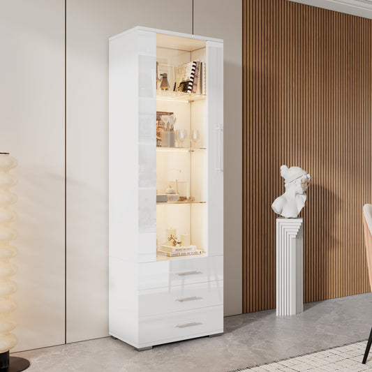 White High Gloss Display Case, Glass Display Case, Floor Standing Display Case With LED Lighting, Vertical Display Case With 3 Drawers, 60x35x180cm