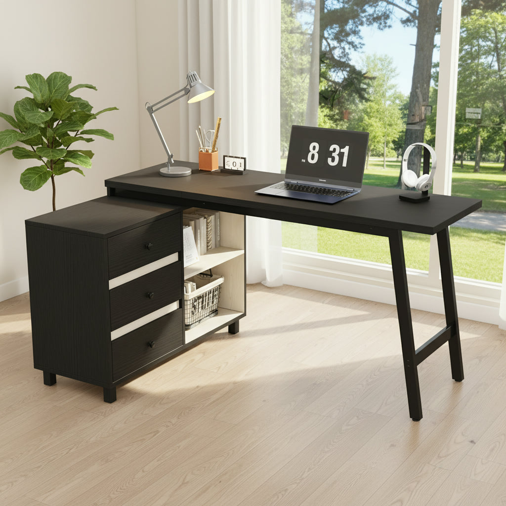 150 X 100 X 76 Cm L-shaped Desk With Three Drawers, Two Open Storage Compartments, Tubular Steel Legs, Spacious Table Top, Black And White.