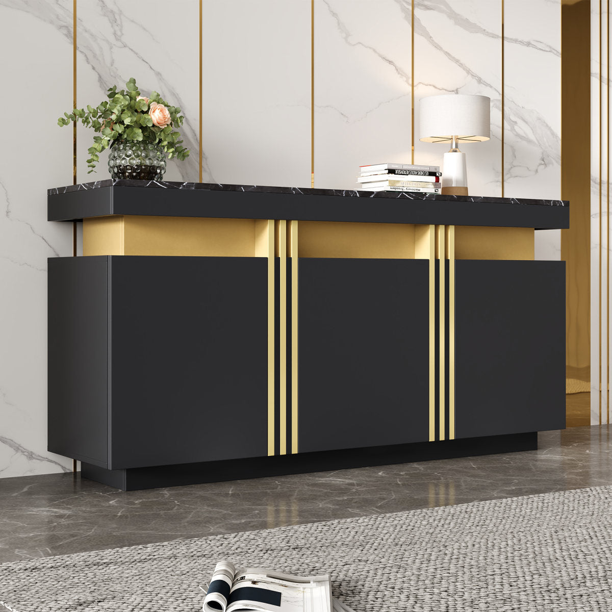 Modern Black & Gold Buffet Cabinet, 55'' Sideboard With Faux Marble Top, Luxury Storage Credenza With 3 Doors & Adjustable Shelves For Kitchen, Dining Room, Living Room, Entryway