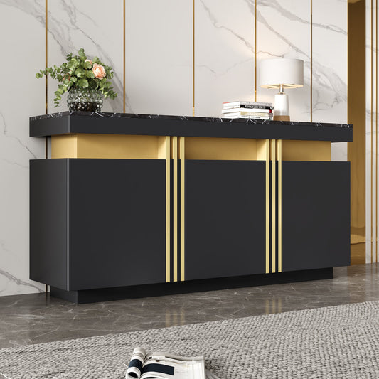 Modern Black & Gold Buffet Cabinet, 55'' Sideboard With Faux Marble Top, Luxury Storage Credenza With 3 Doors & Adjustable Shelves For Kitchen, Dining Room, Living Room, Entryway