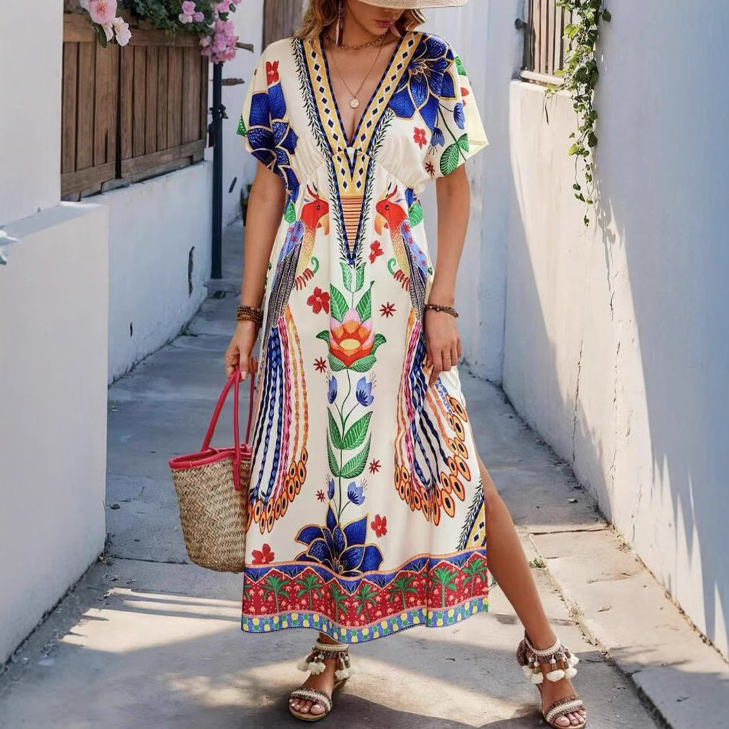 New Seasonal V-neck Printed Fashionable Loose-fit Short-sleeve Maxi Dress