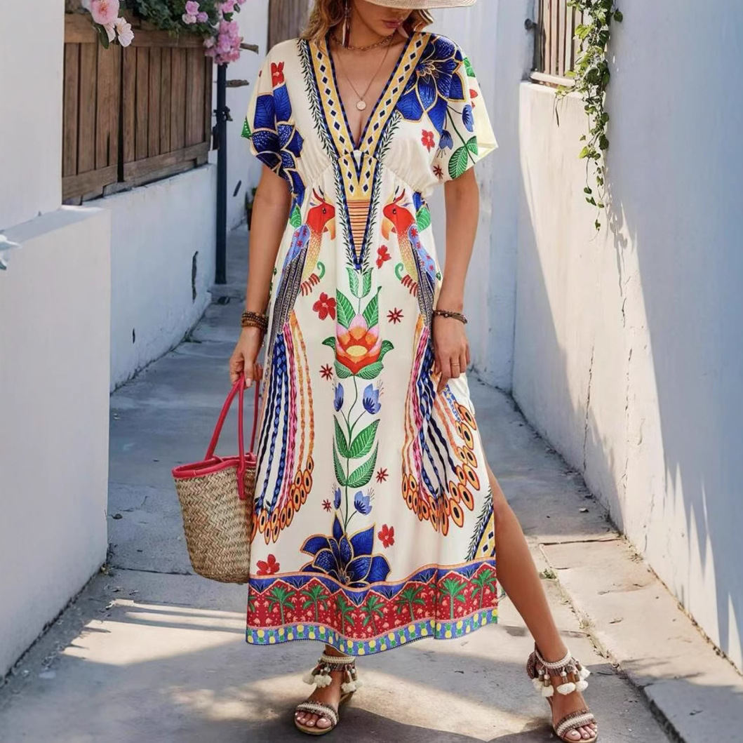 New Seasonal V-neck Printed Fashionable Loose-fit Short-sleeve Maxi Dress