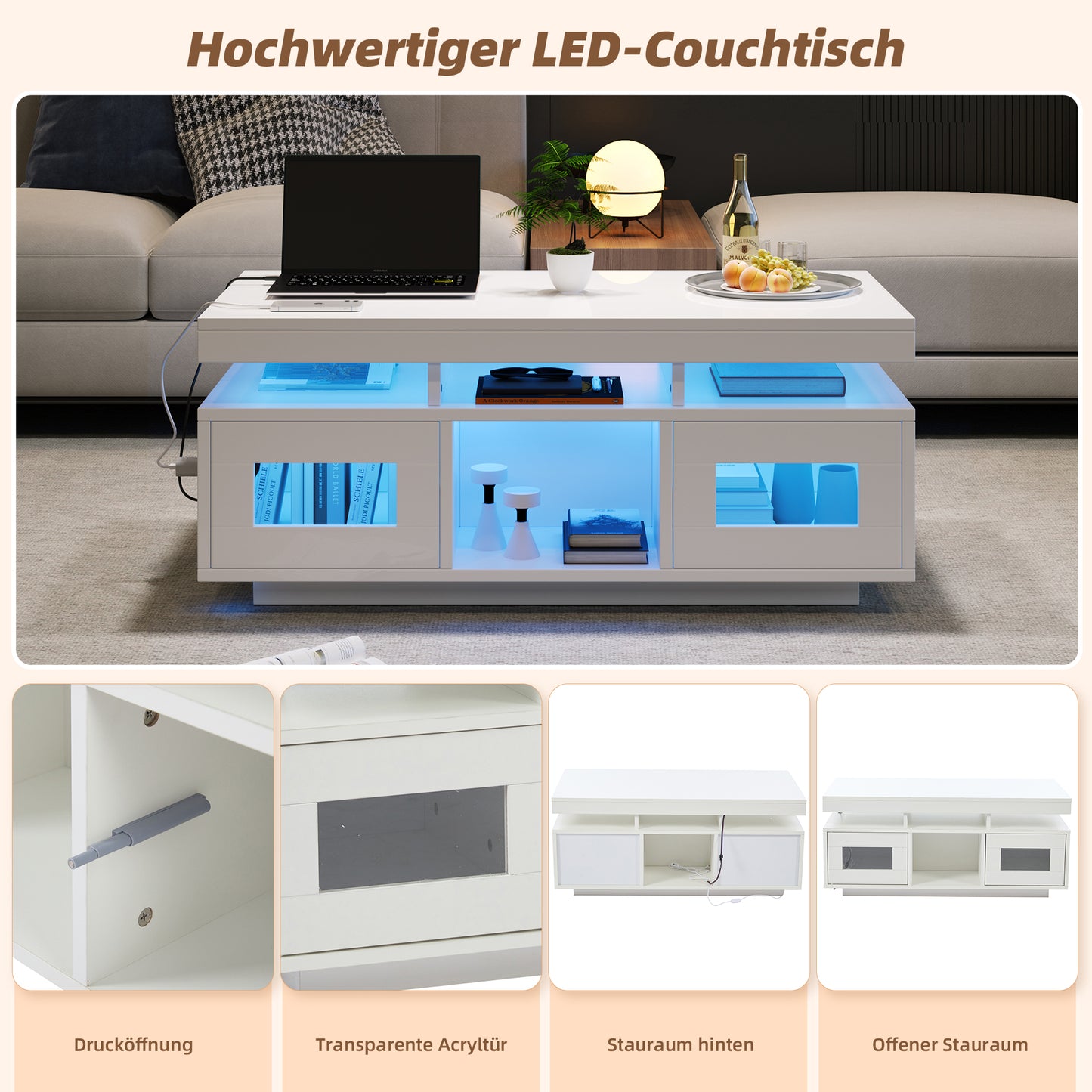 High-gloss White Coffee Table With App-controlled LED Lights, Living Room Table With Storage Cabinet, Sofa Table With Charging Port And Power Outlet Suitable For Offices And Studies.