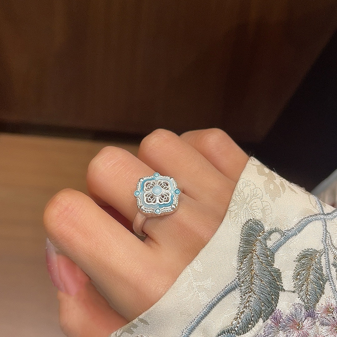 1pcs 999.9 Sterling Silver Filigree Enamel Treasure Flower Ring, Luxury Retro Style, Ideal For Birthdays & Holiday Gifts