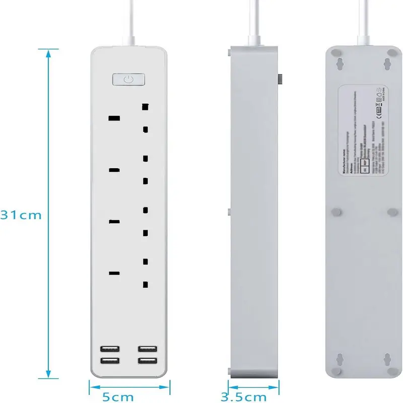 4-Socket Extension Lead With 4 USB 3.4A Smart Fast Charging Total Control 13A 3120W 1.6m Cord Fireproof PC & ABS UK
