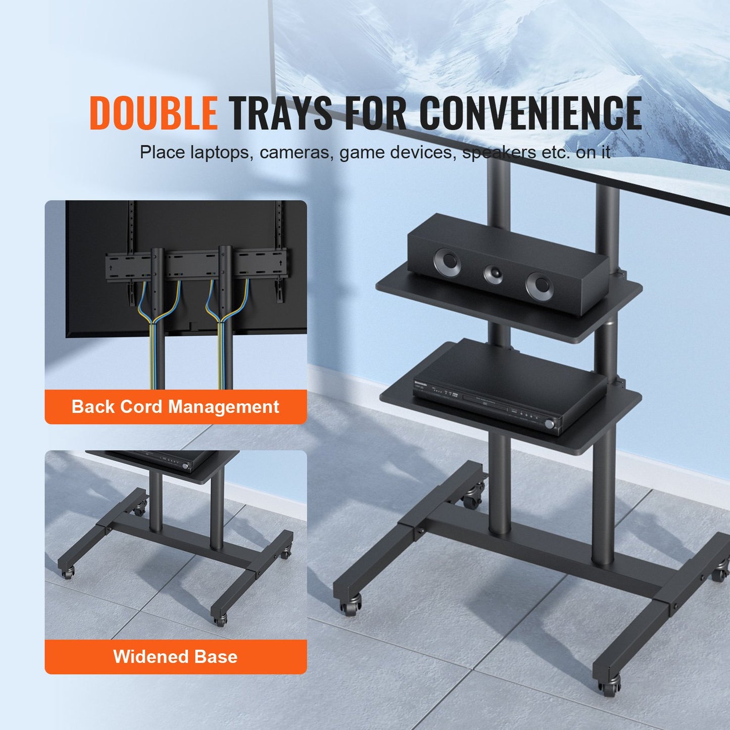 Mobile TV Stand, Mobile TV Cart For 32 To 70 Inch TVs, Height Adjustable Portable TV Stand With Wheels, Double Tray For Audio-Visual Devices, Rolling TV Stand With Mount For Bedroom, Living Room