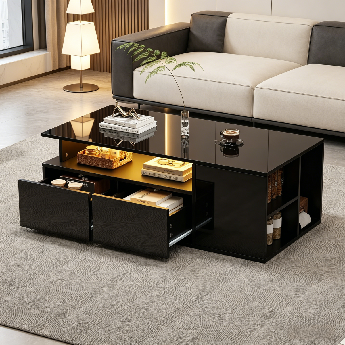 100x50x35cm Tea Table With LED, Living Room Coffee Table, Sofa Table With 2 Drawers, Coffee Table With Total Load Capacity Of 60kg, Black Living Room Table With Plenty Of Storage