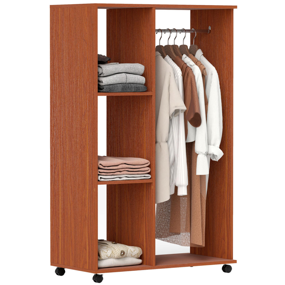 Open Wardrobe On Wheels, Bedroom Wardrobe With Clothes Hanging Rail, 3 Storage Shelves, Mobile Garment Rack For Cloakroom, Hallway, Walnut
