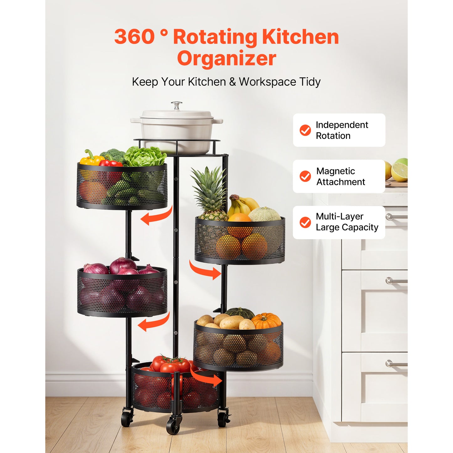 Rotating Storage Rack Cart, 5 Tier Fruit And Vegetable Basket Bowls, Heavy Duty Wire Basket Organizer On Wheels, Large Capacity Stand With Metal Top Lid, For Kitchen Bathroom Nursery, Black