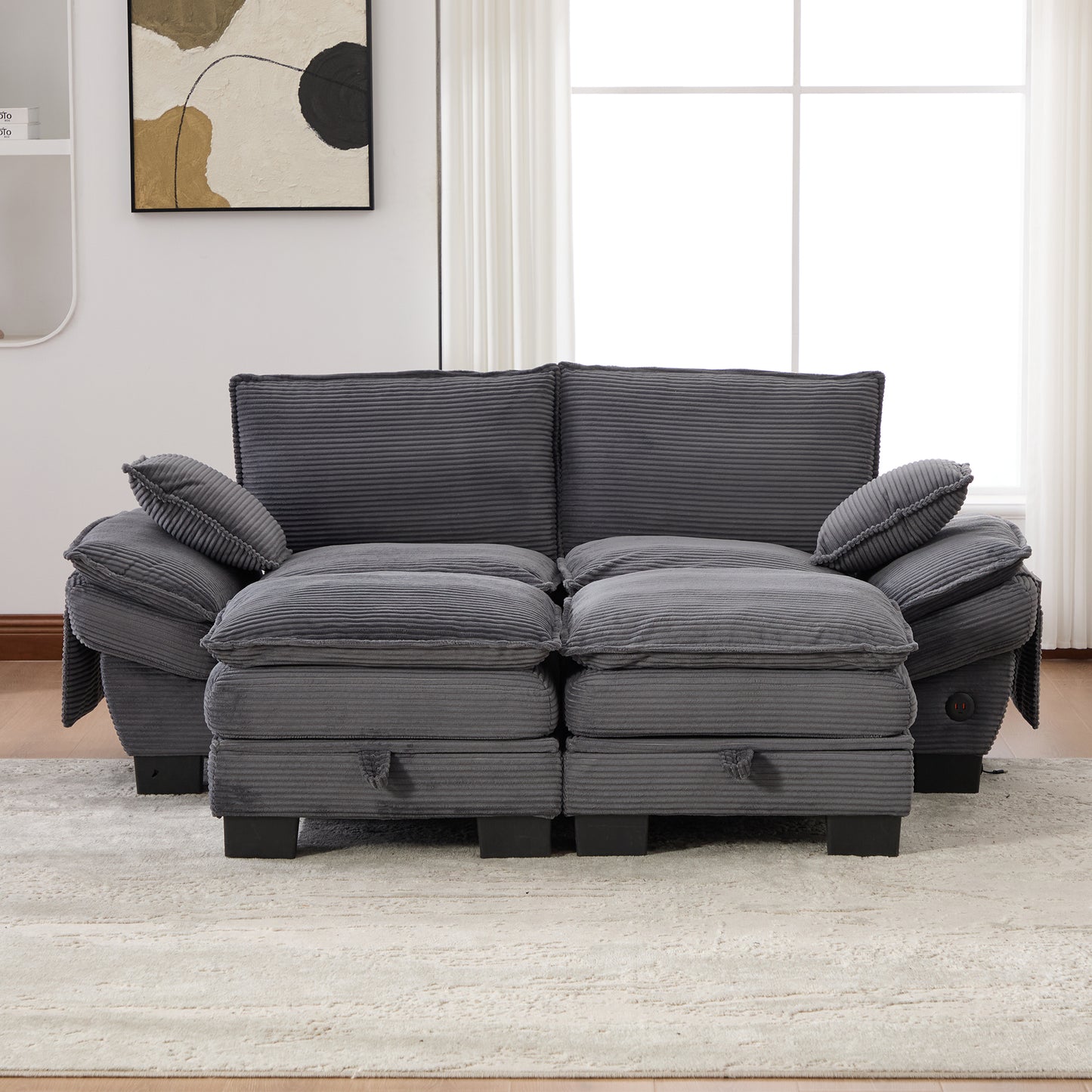 Modular 2-seater Corduroy Sofa  With 2 Stools Wide Seat, Ergonomic Design, High-density Foam Padding, USB-C Port And Side Pockets.Ideal For Living Room, Office Or Lounge.Garkdray