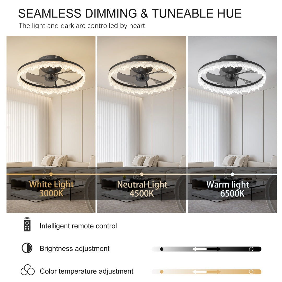Smart Silent Elegant Black Ceiling Fan With Light - 16-inch Flush Mount LED Chandelier With 5 Invisible Blades, Remote Control & Timer, Dimmable Lighting For Bedroom, Living Room, Dining Room