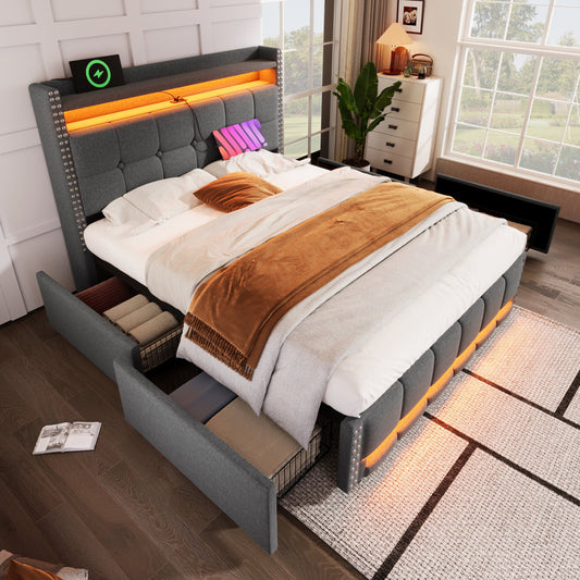 Upholstered Bed 140X200 Cm With LED Lighting And USB Socket, Headboard With Shelves And Storage Space With 4 Drawers, Double Bed For Adults, Linen Fabric Grey