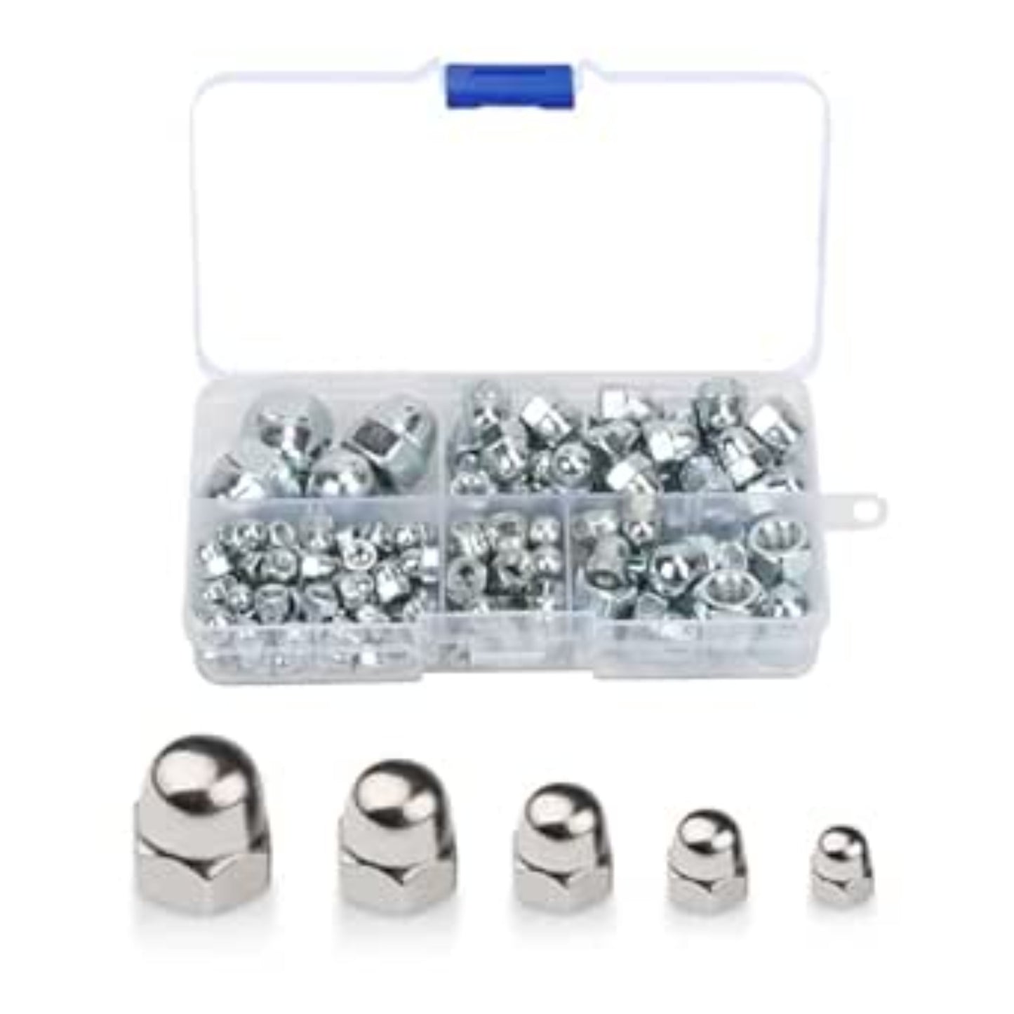 124-Piece Set Of Stainless Steel Cap Nuts (Dome-Head Hex Nuts) With Transparent Storage Box—Accessories For Furniture, Bicycles, Woodworking, And Industrial Machinery—M4, M5, M6, M8, M10