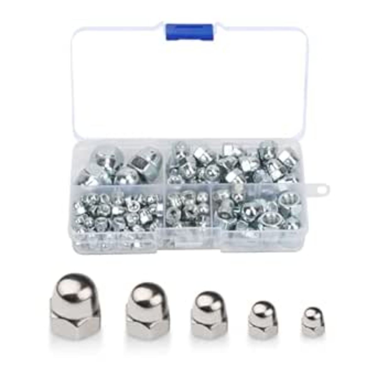124-Piece Set Of Stainless Steel Cap Nuts (Dome-Head Hex Nuts) With Transparent Storage Box—Accessories For Furniture, Bicycles, Woodworking, And Industrial Machinery—M4, M5, M6, M8, M10