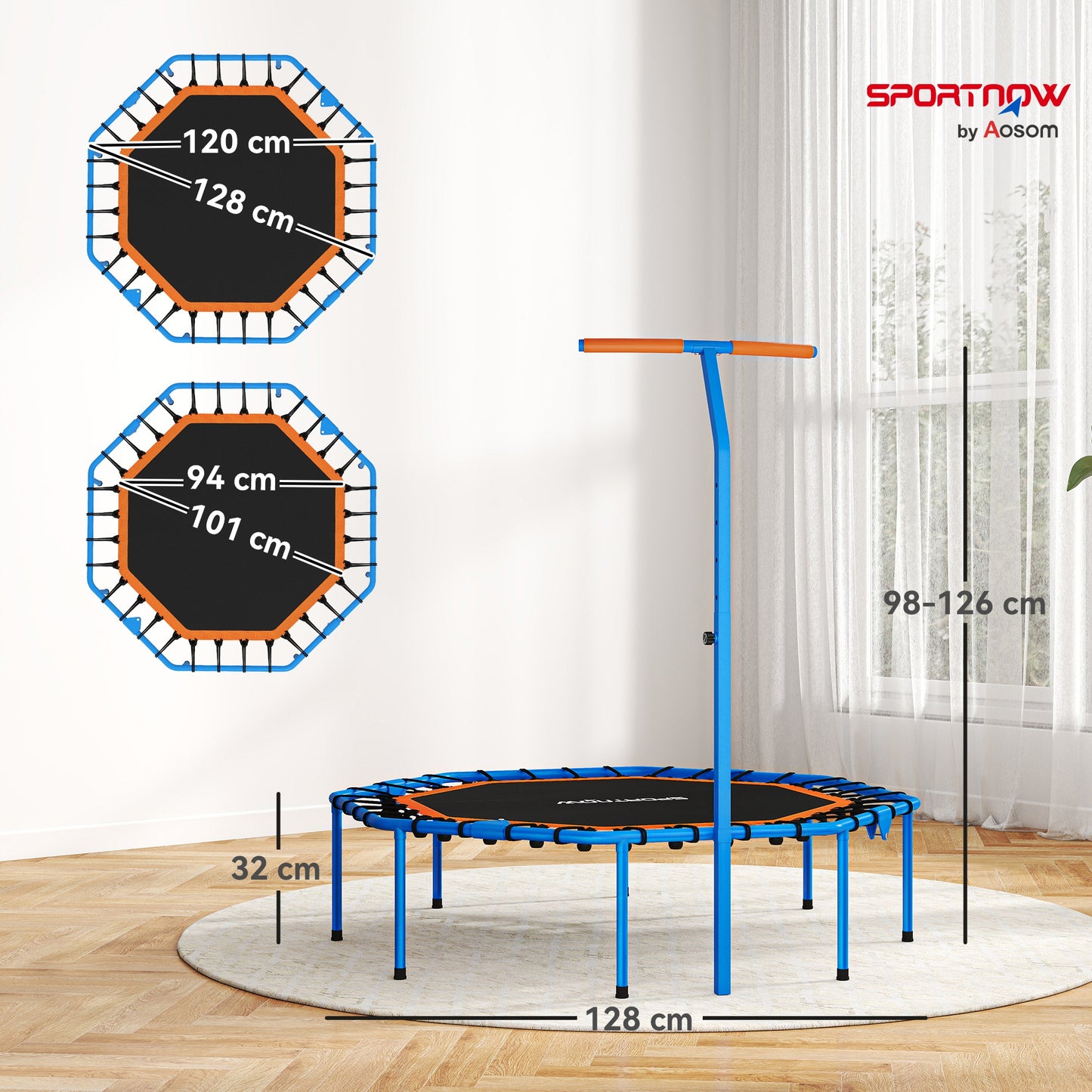 Fitness-Trampolin, Trainingstrampolin Mit Verstellbarem Haltegriff, Stabil Und Leise, Für Drinnenf, Stahl, Blau