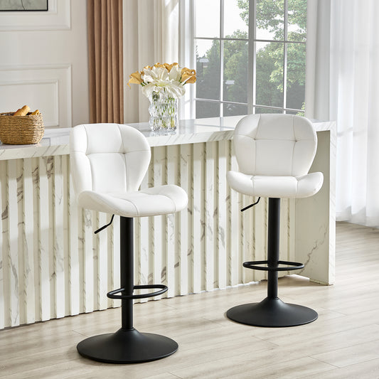 Set Of 2 Height Adjustable Bar Stools, White PU Upholstered Tufted Back Chairs With Black Metal Base & Footrest For Kitchen Island, Bar, Pub