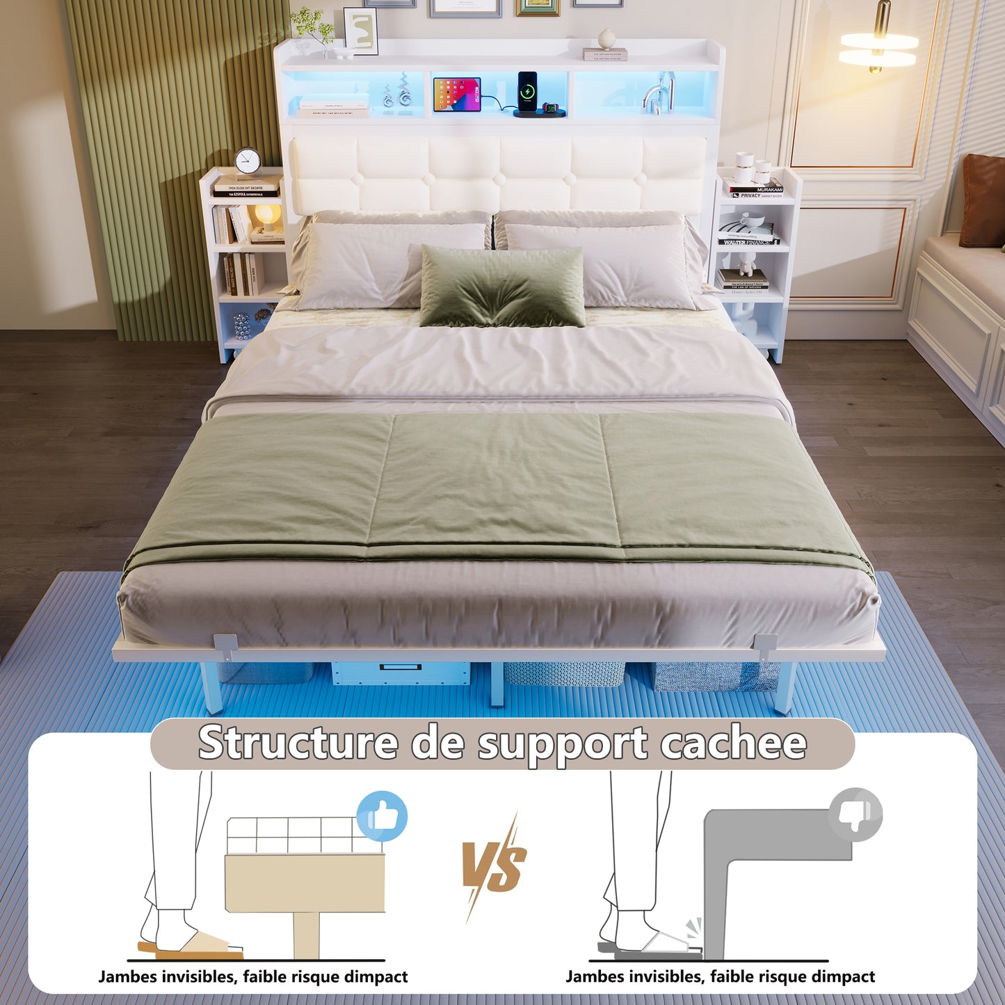 Double Bed 140x190 CM With Slatted Base And Headboard, With 2 Extendable Bedside Tables, With Storage Compartments, With Mobile Phone Charging Function  TYPE C Interface And USB , With LED, White
