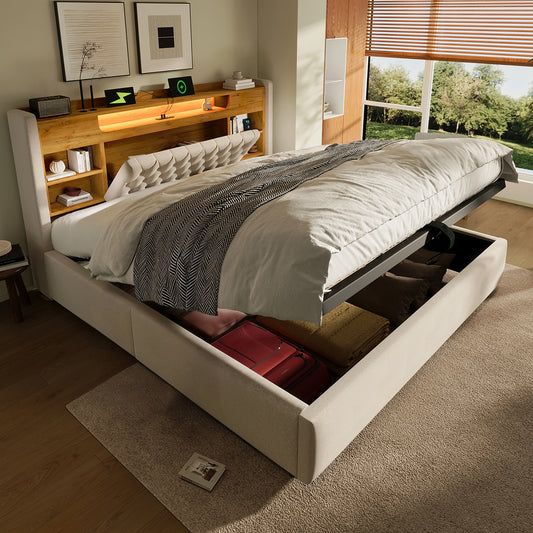 Upholstered Bed 140x190cm With Hydraulic Bed Base & LED Lighting, Bed Frame With USB Type-C Charging Function, Headboard With Shelf & Storage Space, Linen Fabric, Beige  Without Mattress