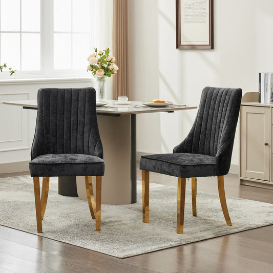 Rayon Cloth Flocking Chenille Dining Chairs Channel Kitchen Dinner Chair Comfy Fabric Upholstered Accent Chair For Dining Room With Golden Stainless Steel Plating Legs,Set Of 2  Black , DE1647BK