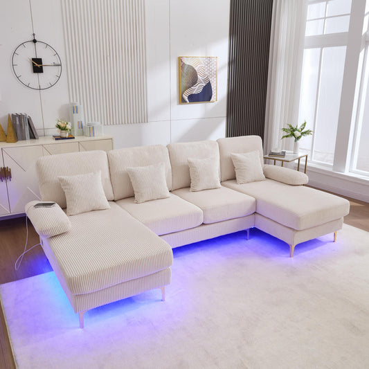 Modern U-shaped Sofa With LED Ambient Lighting & The USB-C Port Solid Wood Frame, 4 Luxurious Cushions & Ergonomic Premium Backrest For Maximum Comfort, Beige