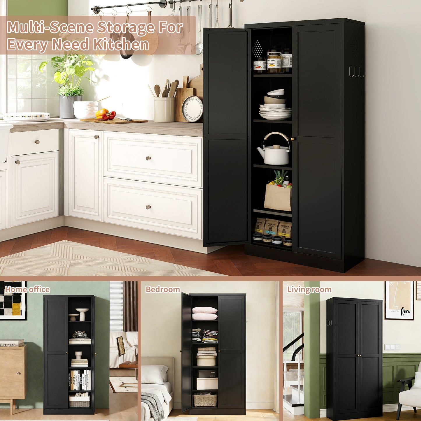 61  Black Metal Kitchen Pantry Cabinet Adjustable Storage With 4 Shelves  110lb Capacity , Heavy Duty Freestanding Pantry Organizer For Kitchen, Pantry, Living Room