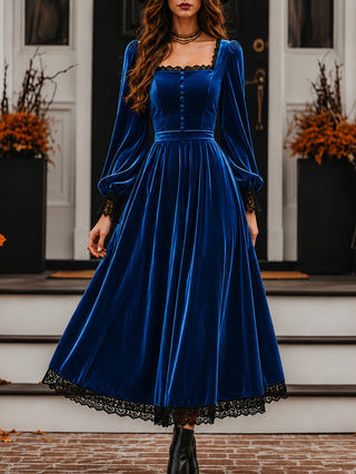 Square Neck Lace Spliced Velvet Dress For Women, New Autumn Winter Evening Gown