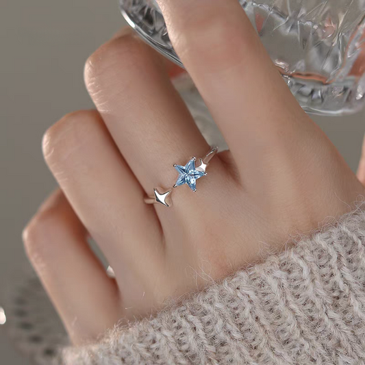 1pc 999 Sterling Silver Blue Zircon Star Open Ring, Fresh & Elegant Style, Perfect For Daily Wear & Valentine's Day Gift
