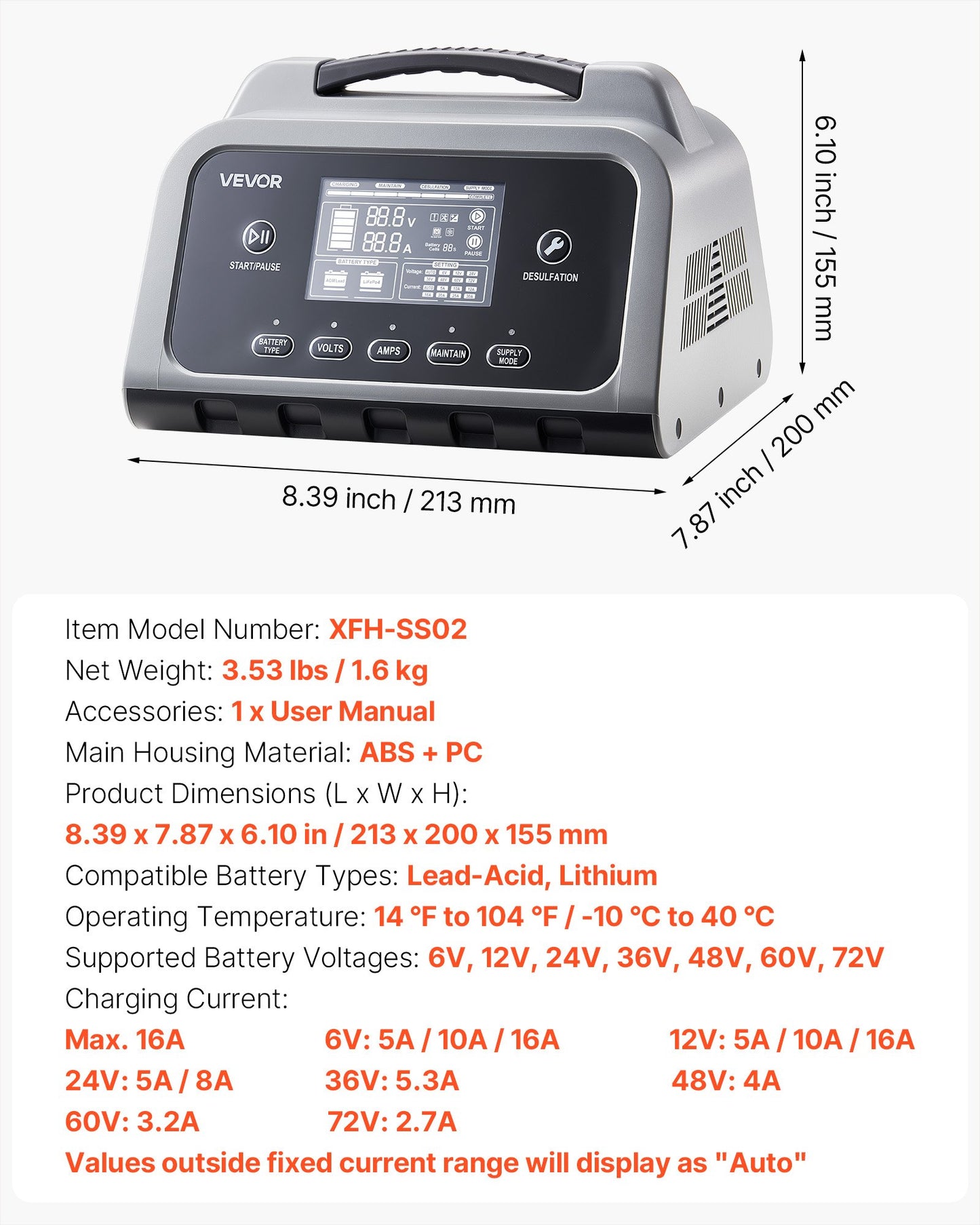 Smart Battery Charger, 16A, 6V 12V 24V 36V 48V 60V 72V Lithium LiFePO4 Lead-Acid (Gel/AGM) Car Battery Charger, With LCD Display, Trickle Charging Maintainer Desulfator, For Car Boat Motorcycle