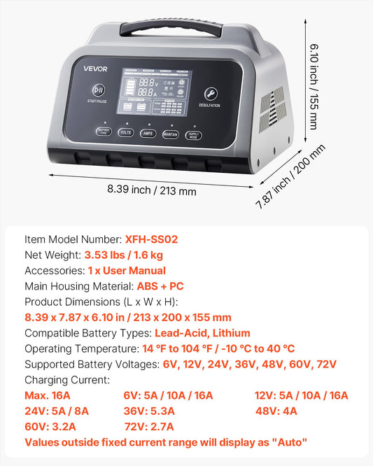 Smart Battery Charger, 16A, 6V 12V 24V 36V 48V 60V 72V Lithium LiFePO4 Lead-Acid (Gel/AGM) Car Battery Charger, With LCD Display, Trickle Charging Maintainer Desulfator, For Car Boat Motorcycle