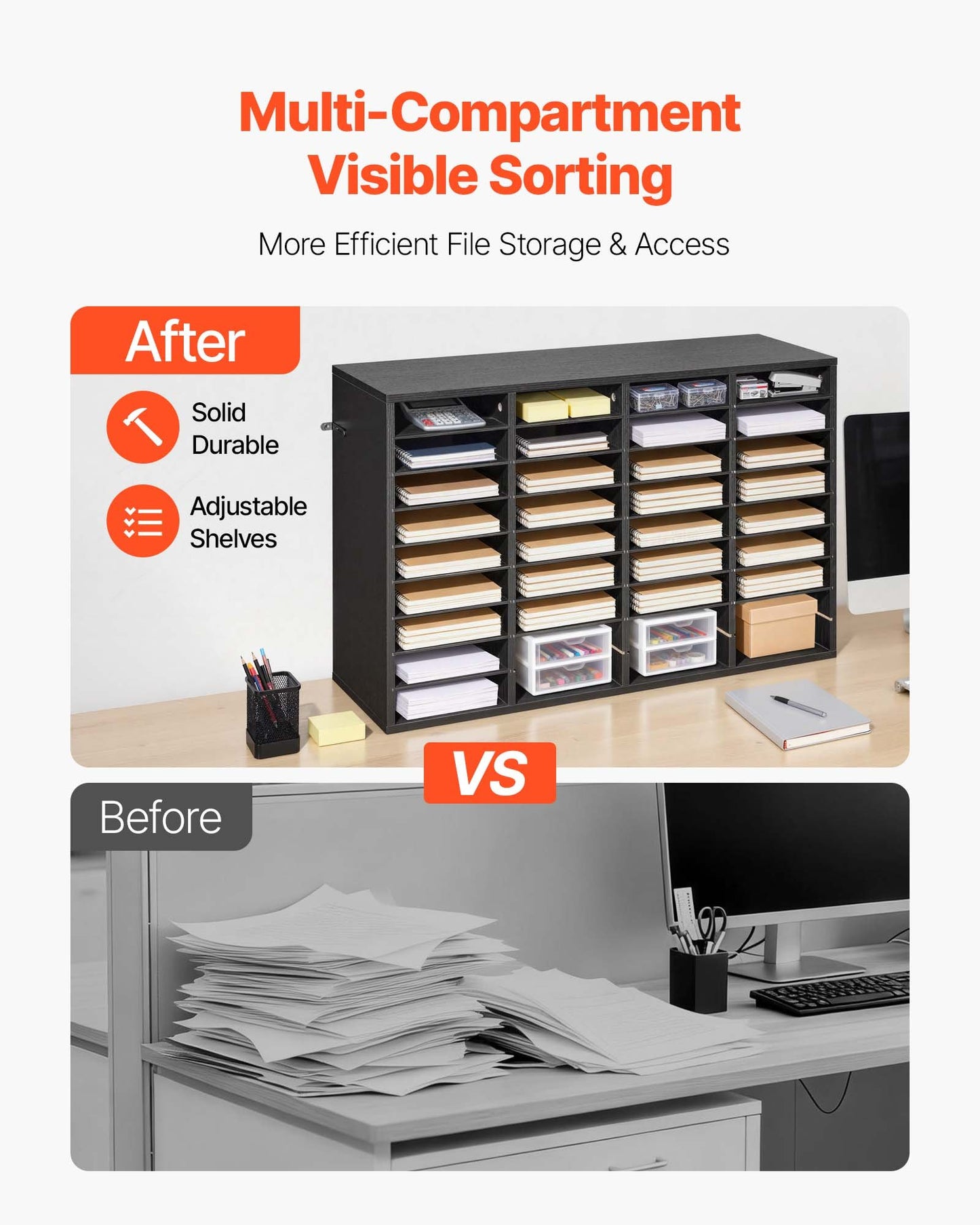 Literature Organizer, 36 Compartments Office Mailbox With Detachable Shelves, Wooden Mailbox Sorter With Particle Board, Countertop Office Home Storage Organizer For File, Document, Paper, Black