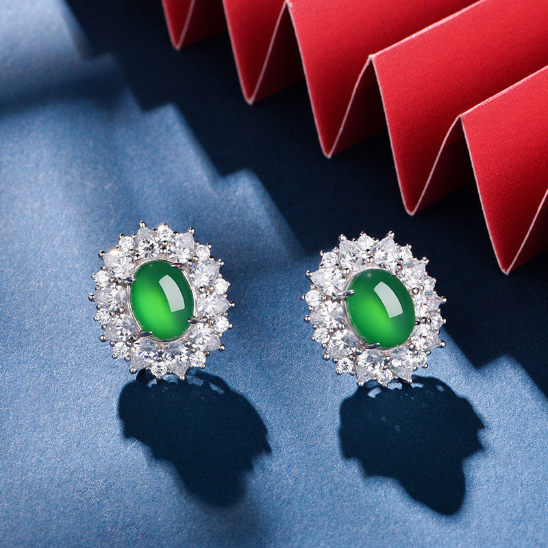 S925 Sterling Silver Halo Stud Earrings, 9x7mm Oval Green Chrysoprase, Platinum Plated 6.6g Elegant Earrings With Fashion Gift Box