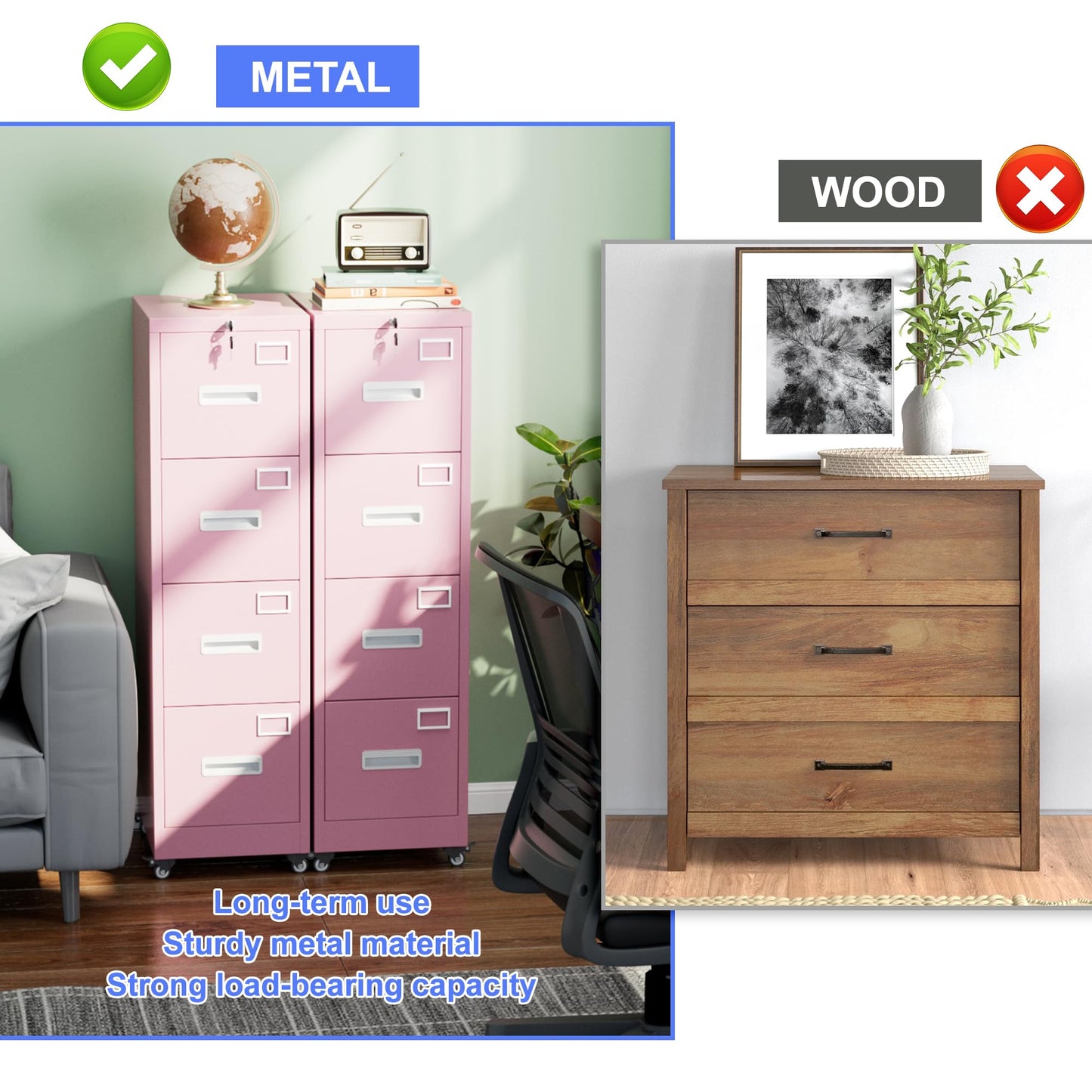 METAN 4 Drawer File Cabinet On Wheels, Lockable Metal Filing Cabinet With Handle And Name Card For Office Home,Assembly Required,Pink