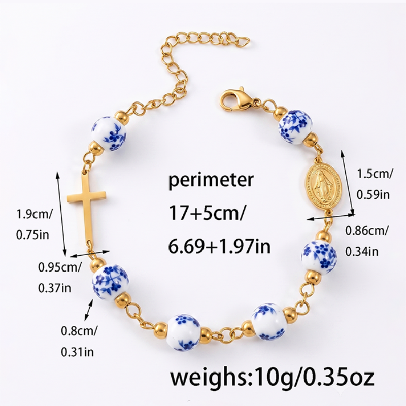 Ceramic Bead Cross Rosary Bracelet For Women, 18K Gold Plated Stainless Steel Miraculous Medal Virgin Mary Bracelet, Religious Faith Gift
