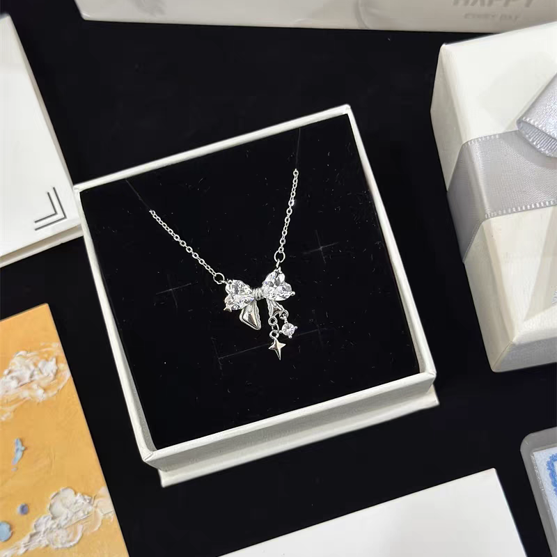 1pc 999 Sterling Silver Diamond-Encrusted Heart Bow Tassel Necklace, Sweet Minimalist Style, Perfect For Daily Wear & Valentine's Gifts