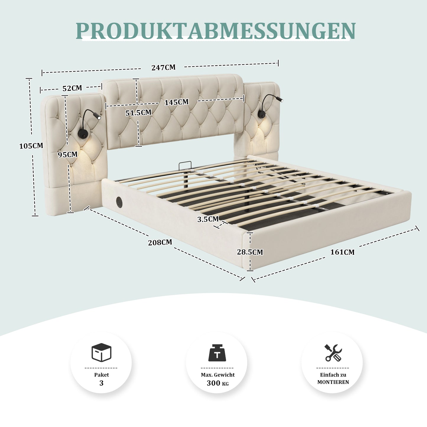 Old SKU W1880S00074 Bed Frame With Long Headboard, Fashionable Velvet Material, Multiple USB Ports, Desk Lamp, Hydraulic System, Extra Large Storage Space At The Bottom, 160 X 200 Cm,Beige