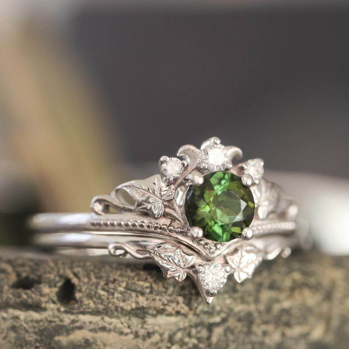 Silver Inlaid Green Zircon Branch Crown Couple Rings Female Accessories