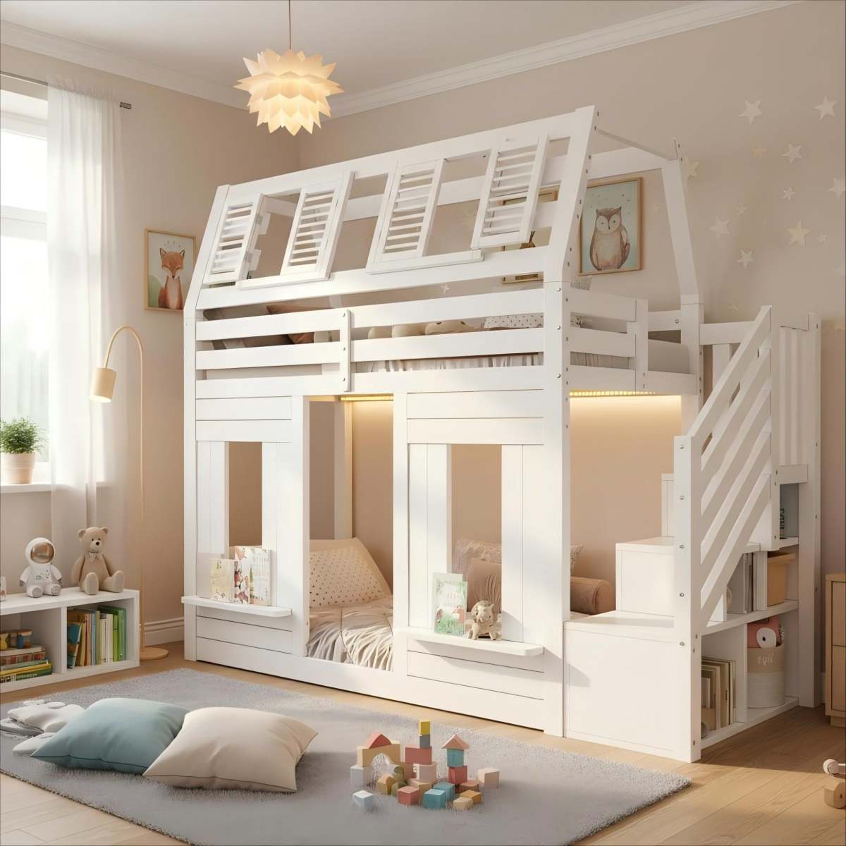 Bunk Bed, Loft Bed, Children's Bed, Wooden Bed, House Bed 90x190cm With LED, Fall Protection And Storage Stairs, Window Shape, White