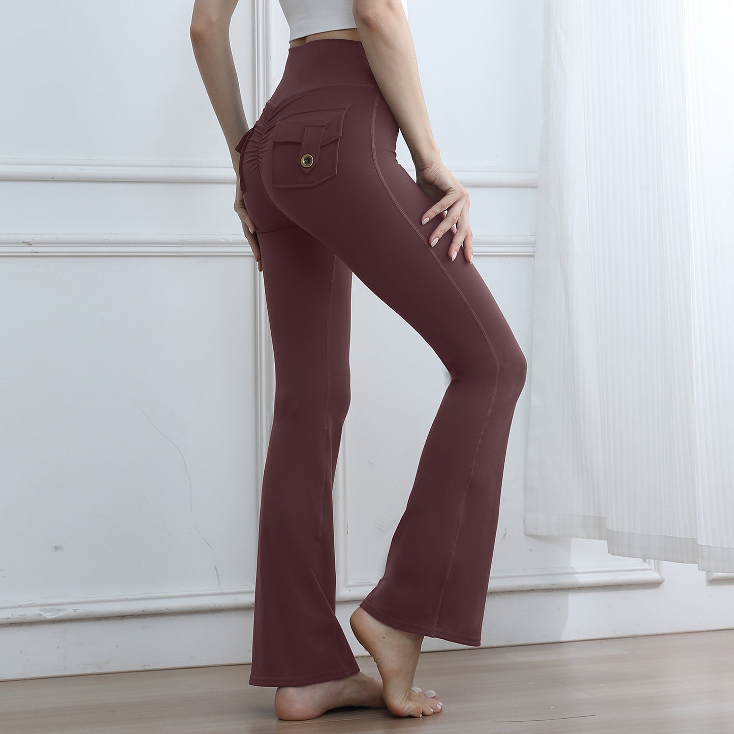 Women's High-Waisted Cargo Pocket Peach Butt Yoga Pants For Autumn And Winter, European & American Style, Stretchy Lifting Butt Quick-Dry Athletic Leggings For Running And Fitness