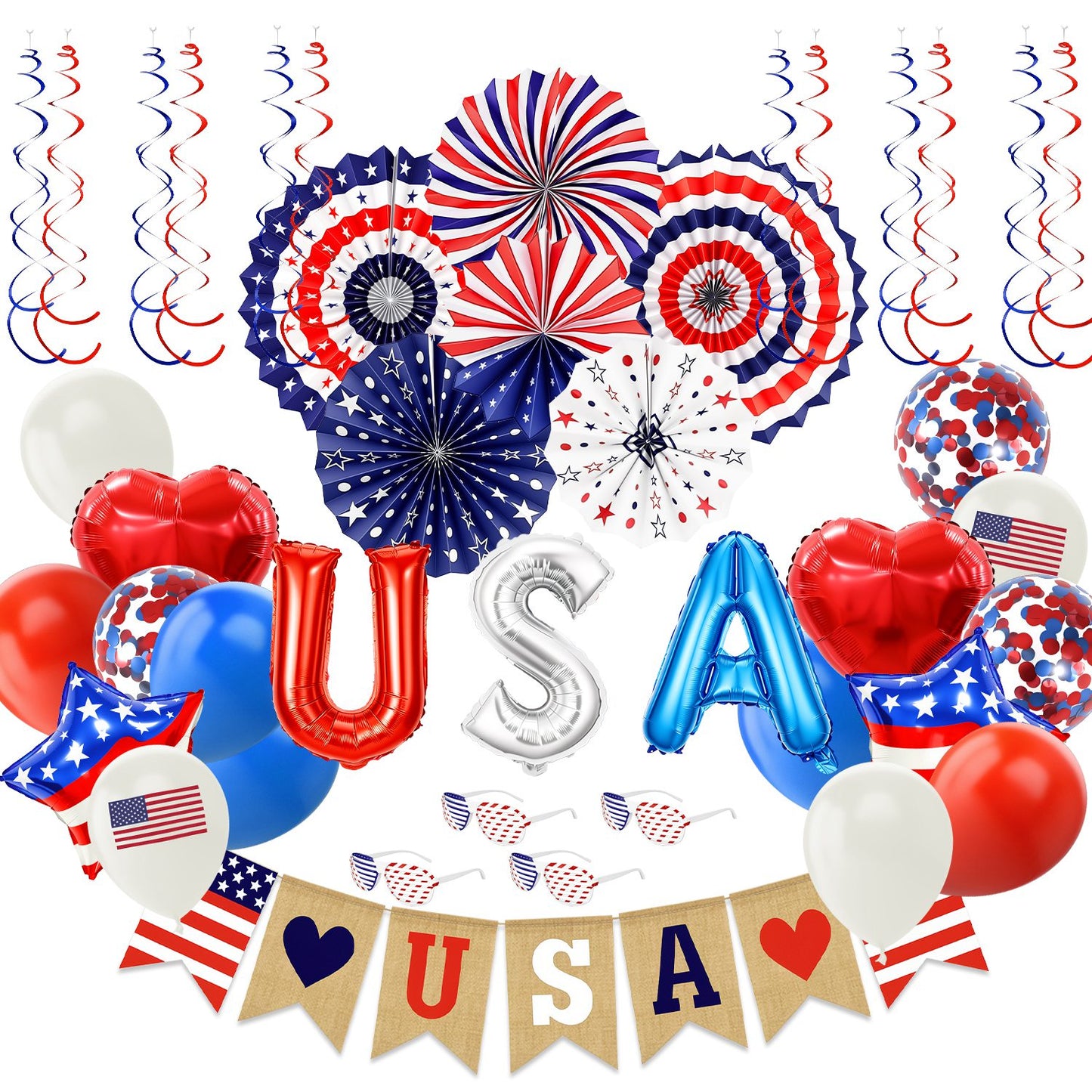 1Set 4th Of July Decorations Set,Patriotic Party Supplies With USA Foil Balloons Paper Fans Confetti Balloons Hanging Streamers Star Confetti Flags For Independence Day Memorial Day Veterans Day