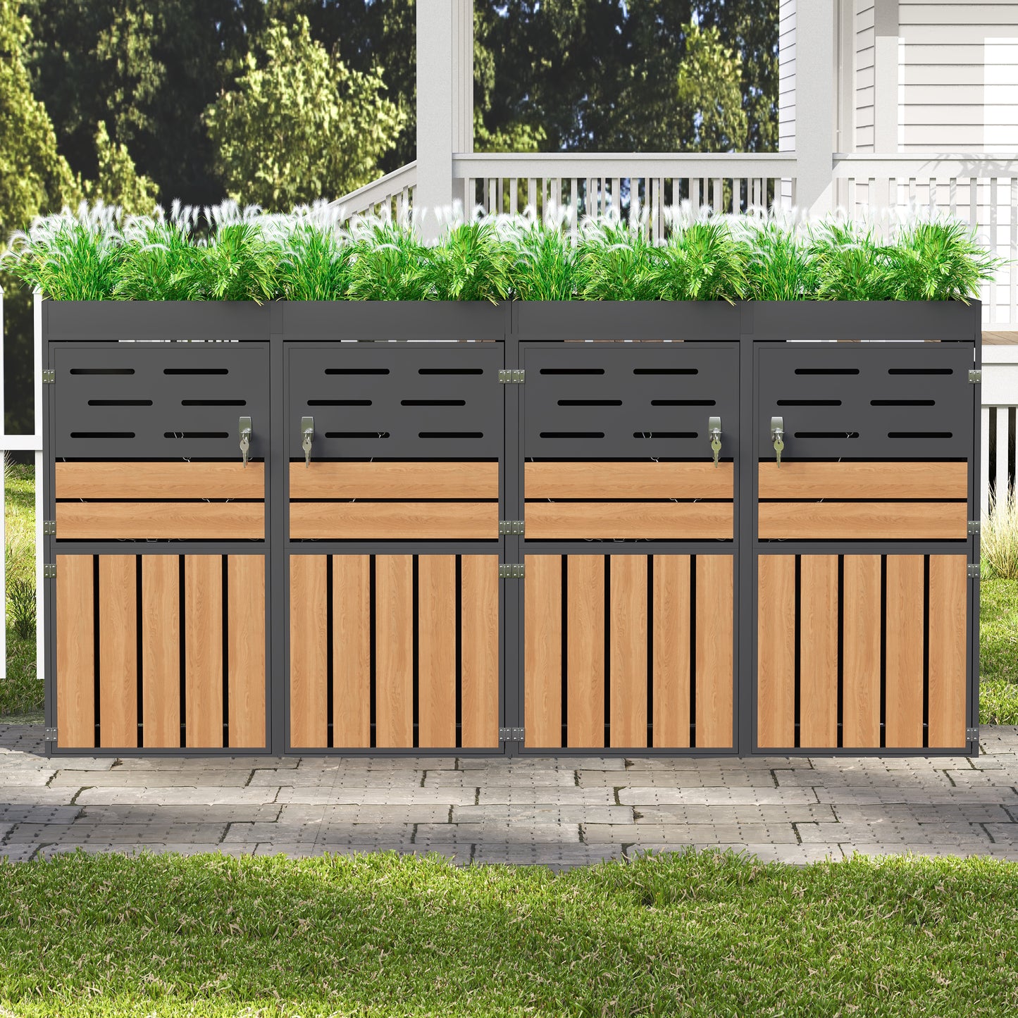 Multifunctional Outdoor Cabinet With Integrated Plant Box, Slat Ventilation, Four Separate Compartments, Galvanized Steel Frame And Safety Chain  For Storage & Garden Decoration  Without Waste Bin